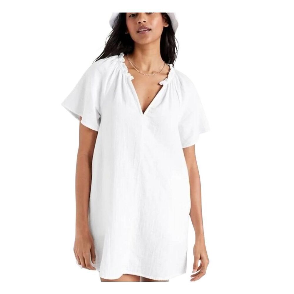 Old Navy White Cotton Crinkle Gauze Flutter-Sleeve Lined Swing Shift Dress w Poc